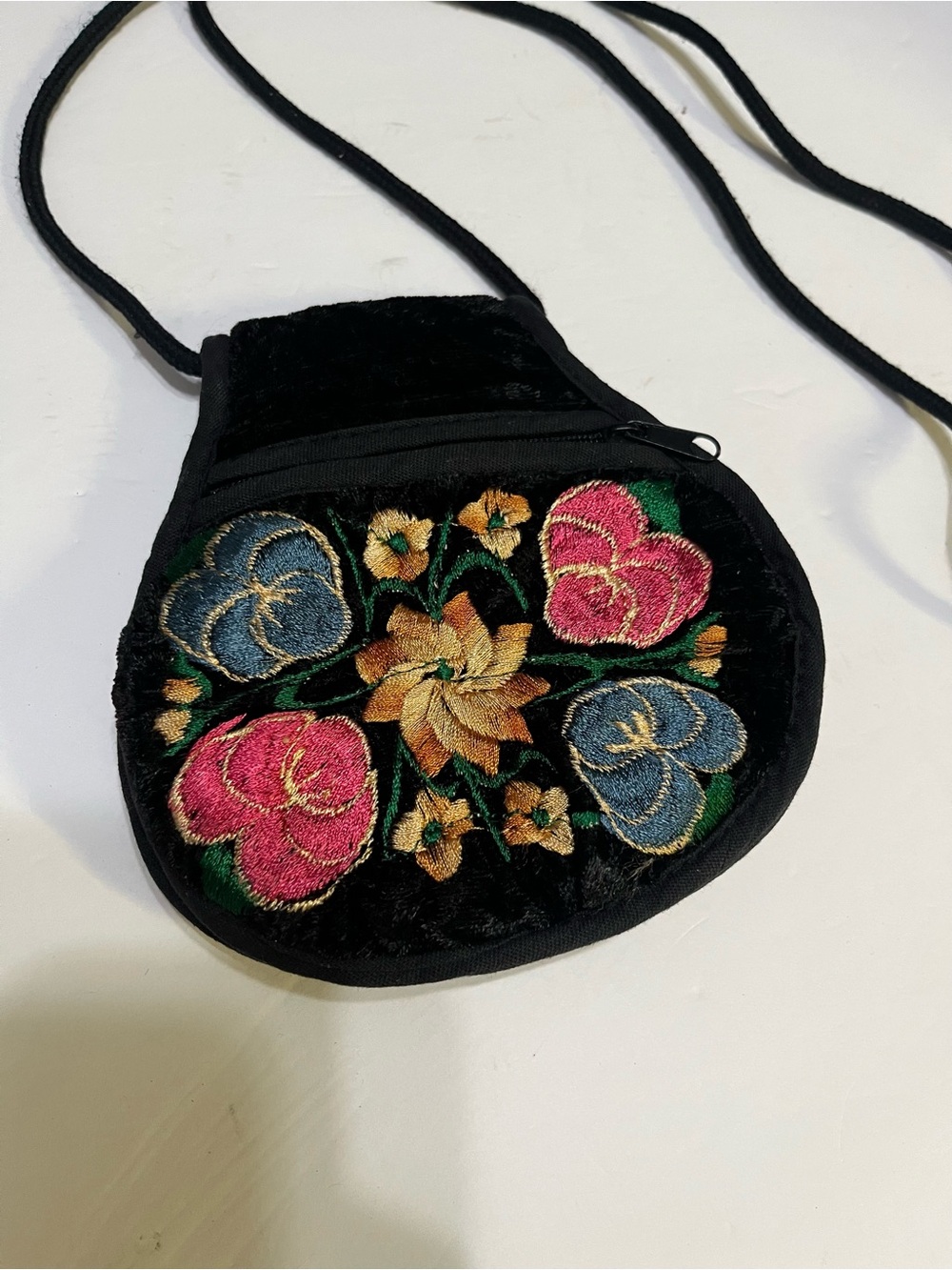 Embroidered Black Velvet Crossbody Mini Bag with Floral Motif